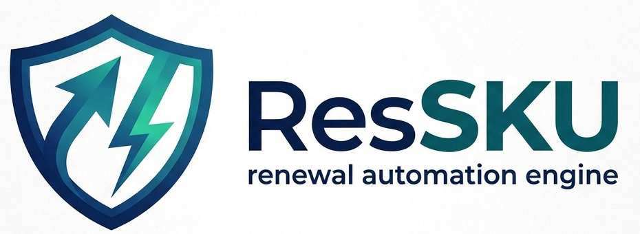 ResSKU logo: a navy and teal shield containing an upward arrow and lightning bolt, beside the wordmark ResSKU renewal automation engine.